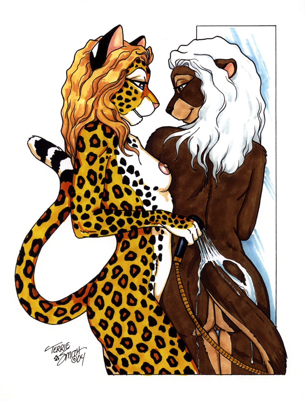 2004 absurd_res anthro breasts butt duo e621 felid female genitals hi_res leopard mammal mustelid nipples nude otter pantherine pinup pose shower signature tail terrie_smith traditional_media_(artwork) vulva