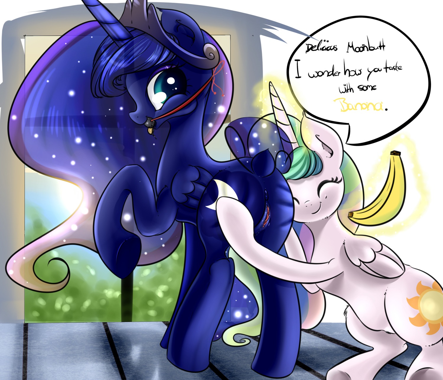2013 absurd_res anus ball_gag banana blue_body blue_eyes blue_feathers blue_fur carlsbetrayal crown cutie_mark dialogue duo e621 english_text equid equine feathered_wings feathers female female/female feral food food_fetish food_play friendship_is_magic fruit fur gag gagged genitals hair hasbro headgear hi_res horn improvised_dildo improvised_sex_toy incest_(lore) magic mammal multicolored_hair my_little_pony mythological_creature mythological_equine mythology plant princess_celestia_(mlp) princess_luna_(mlp) purple_eyes sibling_(lore) sister_(lore) sisters_(lore) text vulva wet white_body white_feathers white_fur winged_unicorn wings