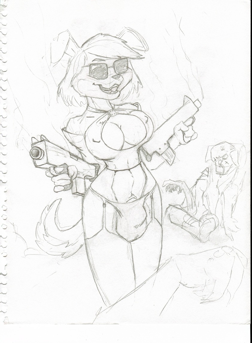anthro big_breasts breasts bulge canid canine canis cleavage clothed clothing domestic_dog e621 eyewear flaccid fluffy fluffy_tail footwear garter_belt garter_straps genitals glasses greyscale group gun gynomorph hair intersex legwear mammal monochrome nipples penis penis_tip pup_(doug_winger) ranged_weapon short_hair socks solo_focus tail thigh_highs thigh_socks traditional_media_(artwork) weapon wonderduck