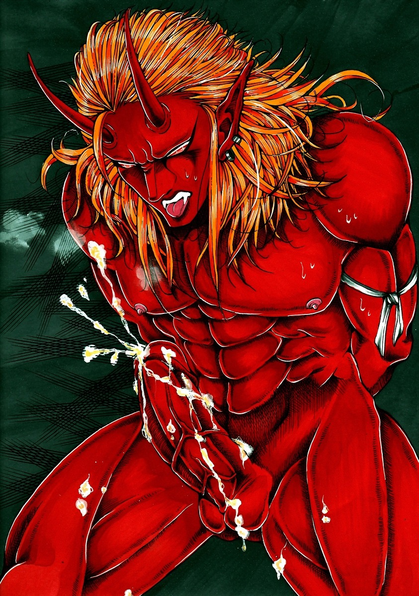 1boy blonde_hair erect_penis erection fangs horns japanese_mythology long_hair male male_only mythology oni penis pointy_ears red_oni red_skin rule34 solo solo_focus solo_male tagme