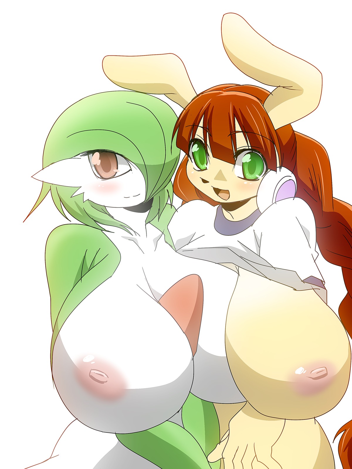2girls breasts clothing color exposed_breasts female female_gardevoir female_only female_pokemon gardevoir interspecies multiple_females multiple_girls nintendo pok&eacute;mon_(species) pokemon pokemon_(species) pokemon_rse rule34 skin white_background white_skin yuri