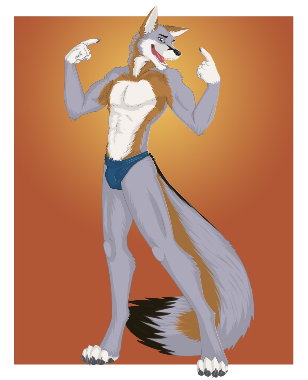 2012 4_toes 5_fingers anthro archived_source athletic athletic_anthro athletic_male barefoot biped black_body black_fur black_nose blue_briefs blue_clothing blue_underwear border briefs brown_body brown_fur bulge canid canine clothed clothing digitigrade dipstick_tail e621 feet fingers fox fur gesture grey_body grey_fox grey_fur hand_gesture hi_res looking_at_viewer male mammal markings multicolored_tail open_mouth open_smile outside_border phief pointing pointing_at_head pointing_at_self skimpy smile smuttmutt solo standing tail tail_markings toes topless underwear urocyon white_body white_border white_fur