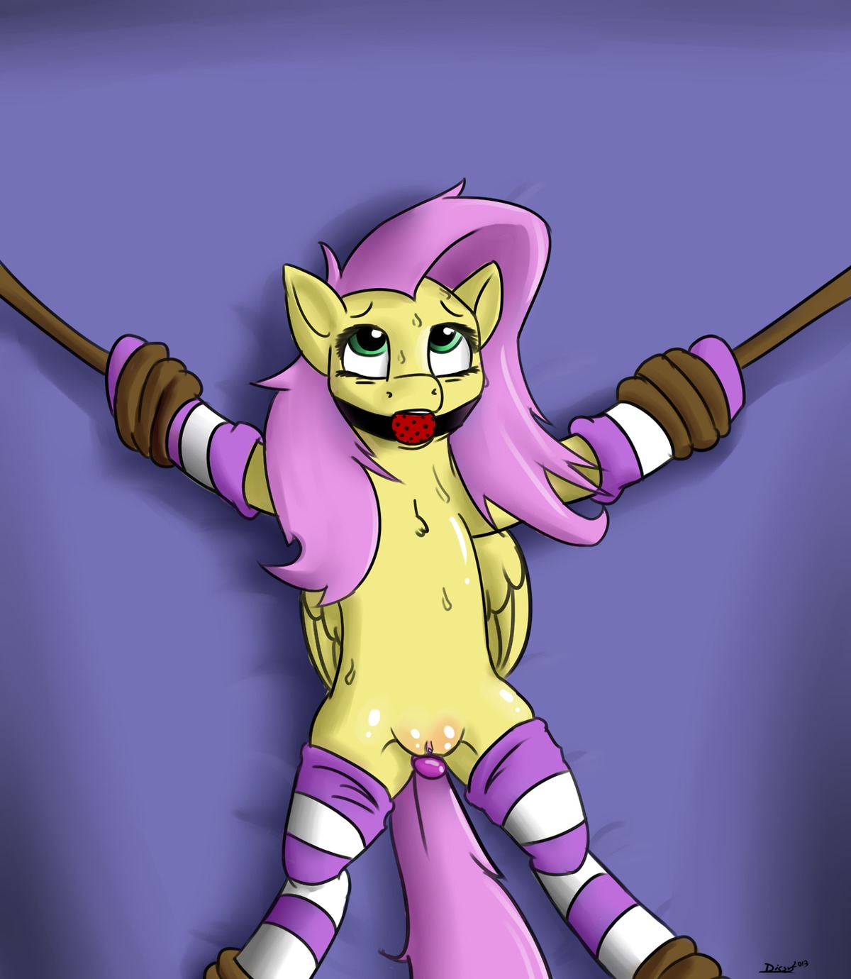 bdsm bondage bound clothing dissyshy e621 equid equine feathered_wings feathers female feral fluttershy_(mlp) footwear friendship_is_magic genitals green_eyes hair hasbro hi_res legwear mammal my_little_pony mythological_creature mythological_equine mythology pattern_clothing pattern_legwear pegasus pink_hair socks solo striped_clothing striped_legwear stripes submissive submissive_female vulva wings yellow_body yellow_feathers