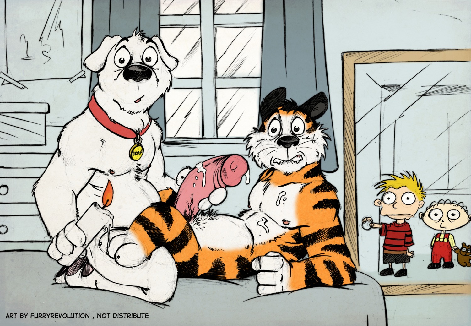 anal anal_penetration bed being_watched belly brian_griffin calvin_(calvin_and_hobbes) calvin_and_hobbes candle canid canine canis caught_in_the_act collar countershading crossover domestic_dog e621 erection family_guy felid furniture furryrevolution genitals glass group handjob hi_res hobbes human humanoid_genitalia humanoid_penis inside looking_at_another male male/male male_penetrated male_penetrating male_penetrating_male mammal overweight pantherine penetration penile penis rupert_(family_guy) sex stewie_griffin tiger walk-in wax wax_on_penis wax_play