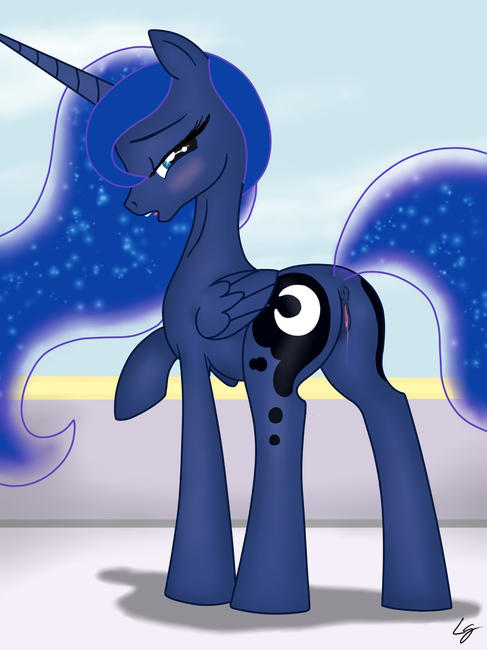3:4 anus blue_body blue_feathers blue_hair bodily_fluids butt cutie_mark e621 equid equine feathered_wings feathers female feral friendship_is_magic genital_fluids genitals hair hasbro hi_res horn long_hair lowgravity mammal moon my_little_pony mythological_creature mythological_equine mythology princess_luna_(mlp) quadruped royalty solo tail vaginal_fluids vulva winged_unicorn wings