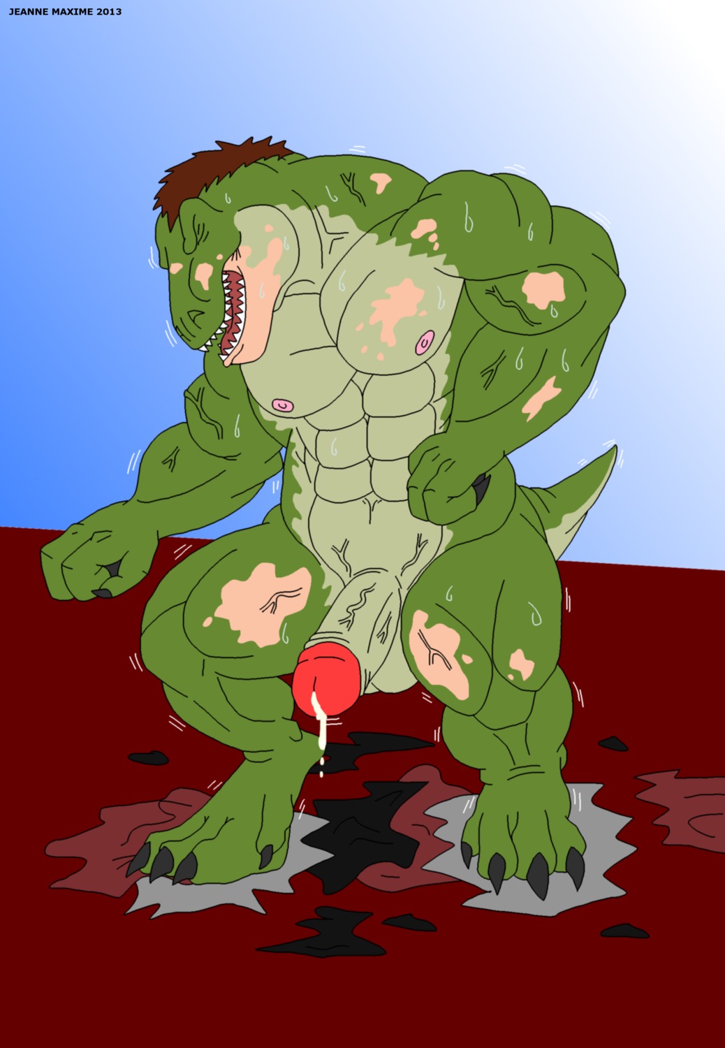 2013 abs absurd_res anthro athletic balls biceps big_muscles big_penis biped bodily_fluids brown_hair claws clothed clothing cum cum_string dinosaur e621 erection eyes_closed fangs flexing genital_fluids genitals green_body green_skin growth hair hi_res human humanoid_genitalia humanoid_penis leaking male mammal maxime-jeanne muscular muscular_anthro muscular_male nipples nude open_mouth pecs penis pose precum prehistoric_species presenting reptile saurischian scales scalie solo standing sweat tail teeth theropod toe_claws tongue topless torn_clothing transformation tyrannosaurid tyrannosauroid tyrannosaurus tyrannosaurus_rex vein veiny_penis