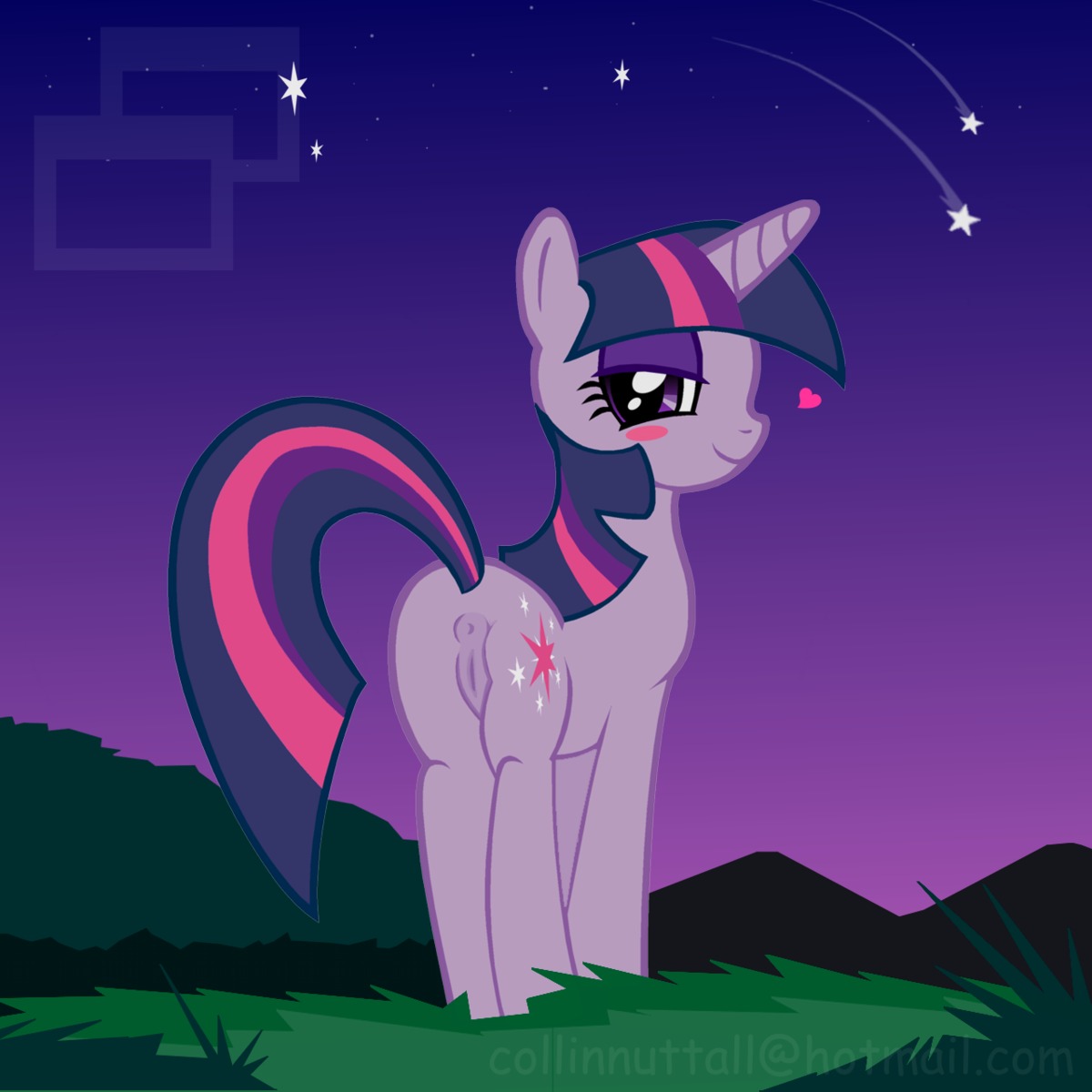 1:1 2011 anus blush butt cutie_mark e621 equid equine female feral friendship_is_magic fur genitals grass hair hasbro heart_symbol hi_res horn mammal multicolored_hair my_little_pony mythological_creature mythological_equine mythology night outside pink_hair plant purple_body purple_eyes purple_fur purple_hair raised_tail sky slushy solo star starry_sky tail twilight_sparkle_(mlp) two_tone_hair unicorn vulva watermark