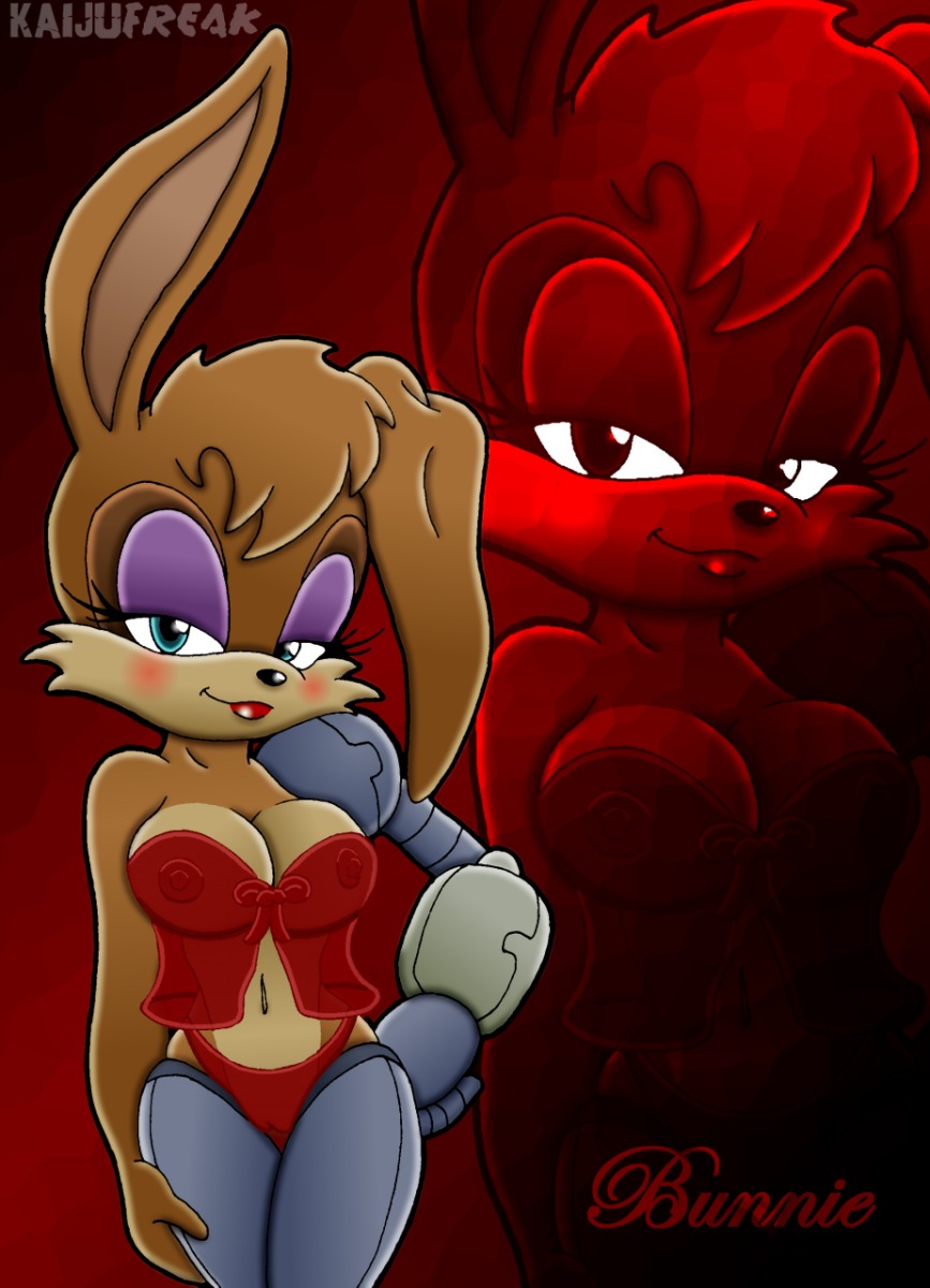 anthro archie_comics black_nose blush breasts brown_fur bunnie_rabbot cameltoe character_name clothes color cyan_eyes eyeshadow female female_only front_view fur furry furry_breasts furry_ears hand_on_hip hand_on_leg kaijufreak lagomorph lipstick long_ears looking_at_viewer mechanical_arm mechanical_leg navel pussy rabbit rule34 sega smile solo sonic_(series) sonic_the_hedgehog_(archie) sonic_the_hedgehog_(comics) sonic_the_hedgehog_(series) standing tan_fur zoom_layer