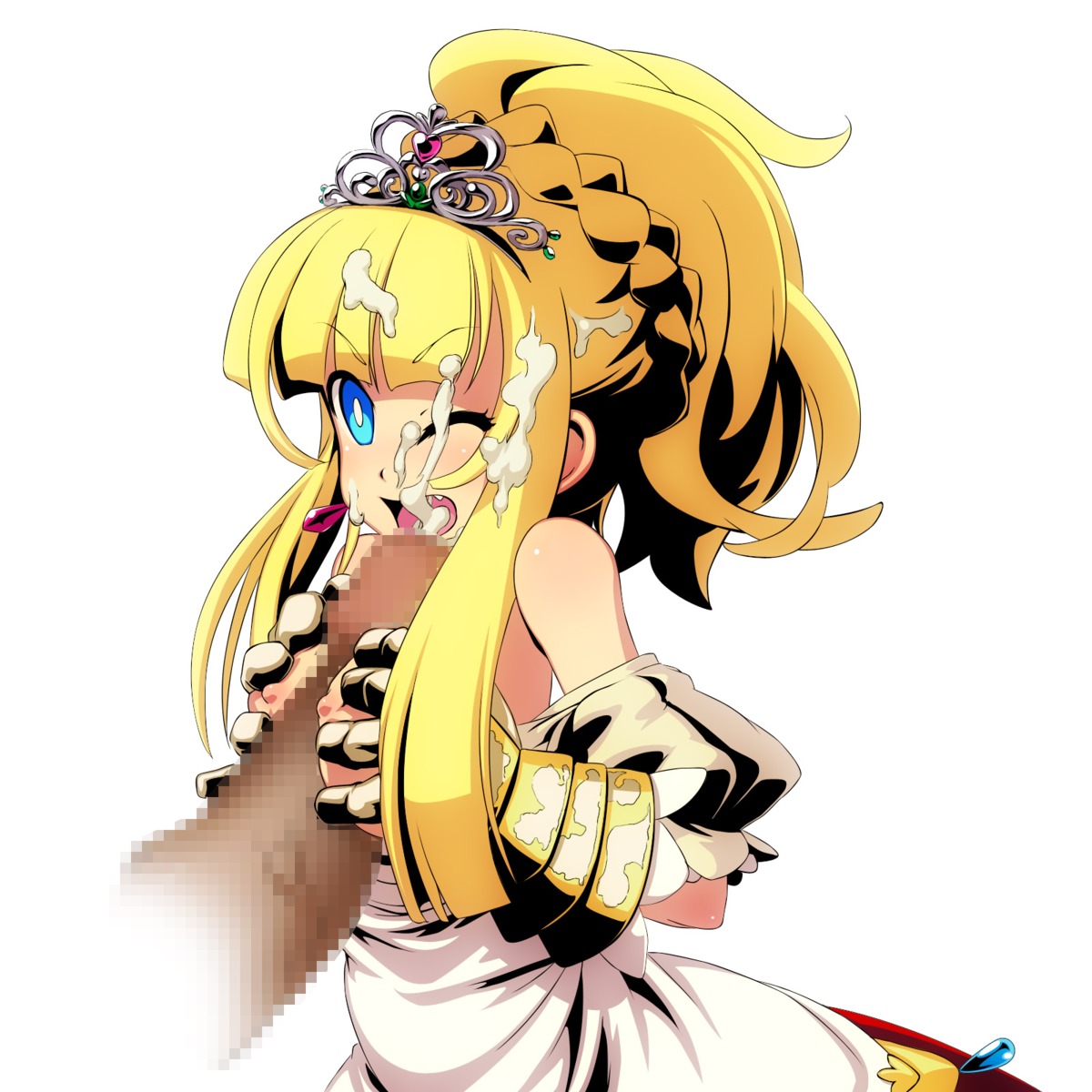 blue_eyes breasts censored clothing cum etrian_odyssey facial female gauntlets highres huge_cock male open_mouth outercourse paizuri penis princess princess_(sekaiju) rule34 sekaiju_no_meikyuu sekaiju_no_meikyuu_3 simple_background straight tam2 tiara