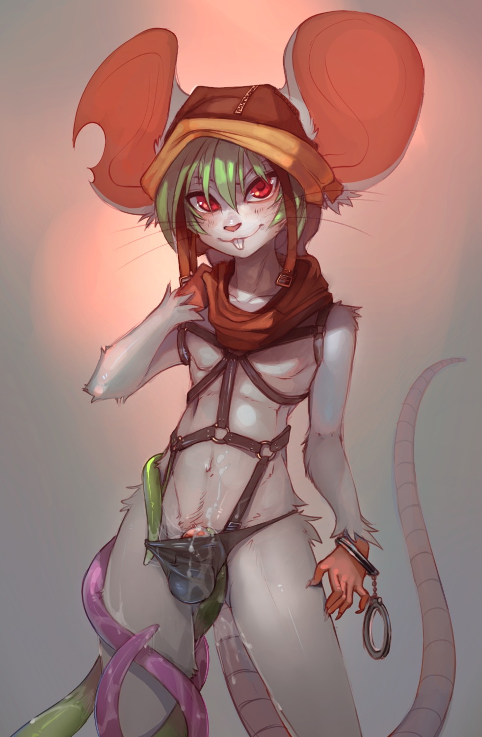 anthro big_ears biped blush bodily_fluids bondage_gear clothed clothing conditional_dnp cuff_(restraint) cum digital_media_(artwork) e621 femboy fluff-kevlar fur genital_fluids genitals green_hair hair handcuffs hi_res looking_at_viewer male mammal metal_cuffs mouse murid murine partially_clothed penis penis_base puinkey_(artist) red_eyes restraints rodent shackles smile solo standing tail tentacles white_body white_fur zipi
