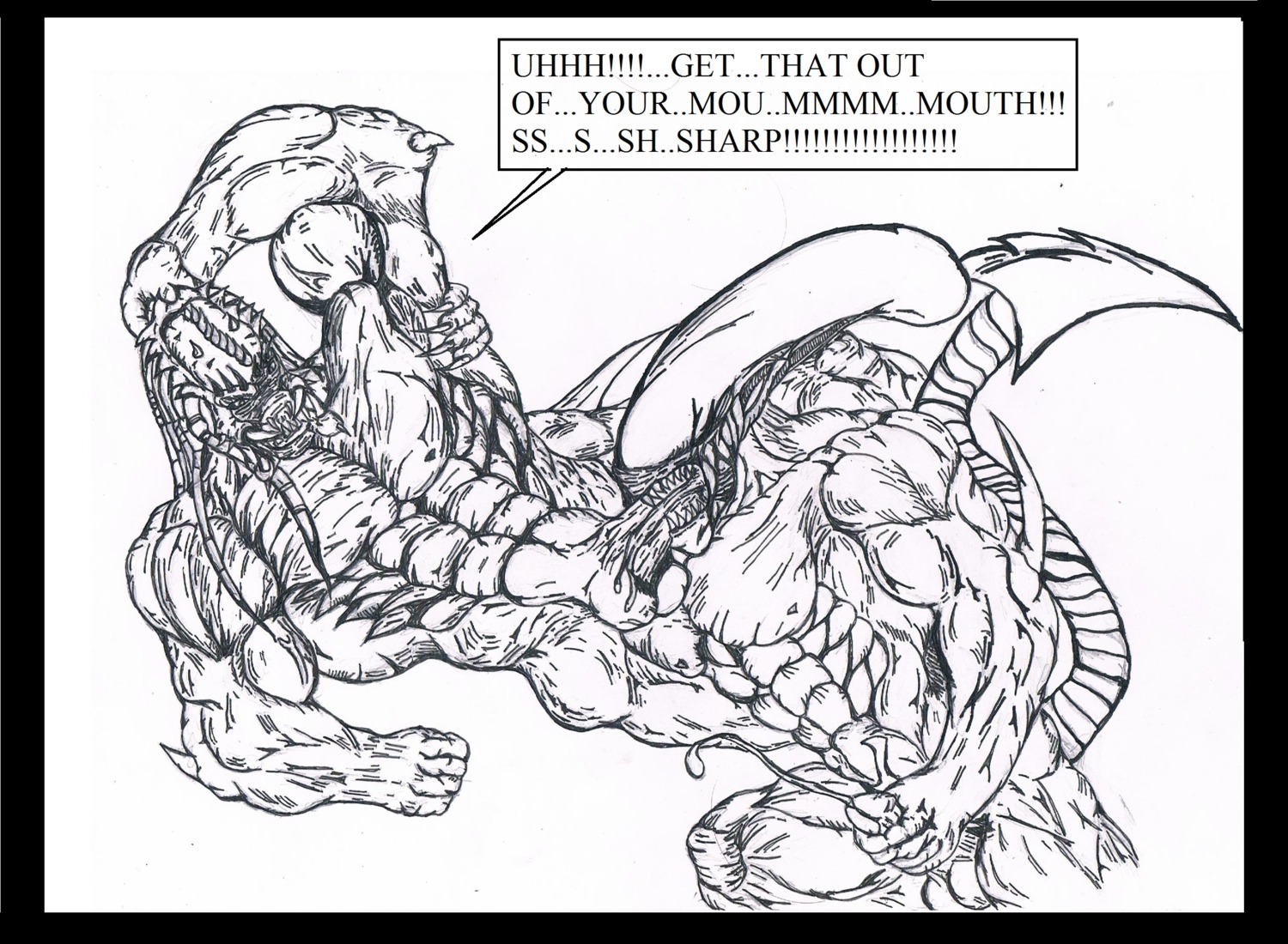 2013 abs alien alien_(franchise) alien_vs._predator_(franchise) balls biceps black_and_white bodily_fluids cum cumshot dangerous duo e621 ejaculation english_text erection fangs fellatio genital_danger_play genital_fluids genitals handjob hi_res male male/male male_penetrated male_penetrating male_penetrating_male masturbation monochrome muscular muscular_male oral oral_penetration orgasm pecs penetration penile penile_masturbation penis predator_(franchise) sex simple_background tail teeth text vein xenomorph yautaian-darkness_(artist) yautja yautjaian-darkness
