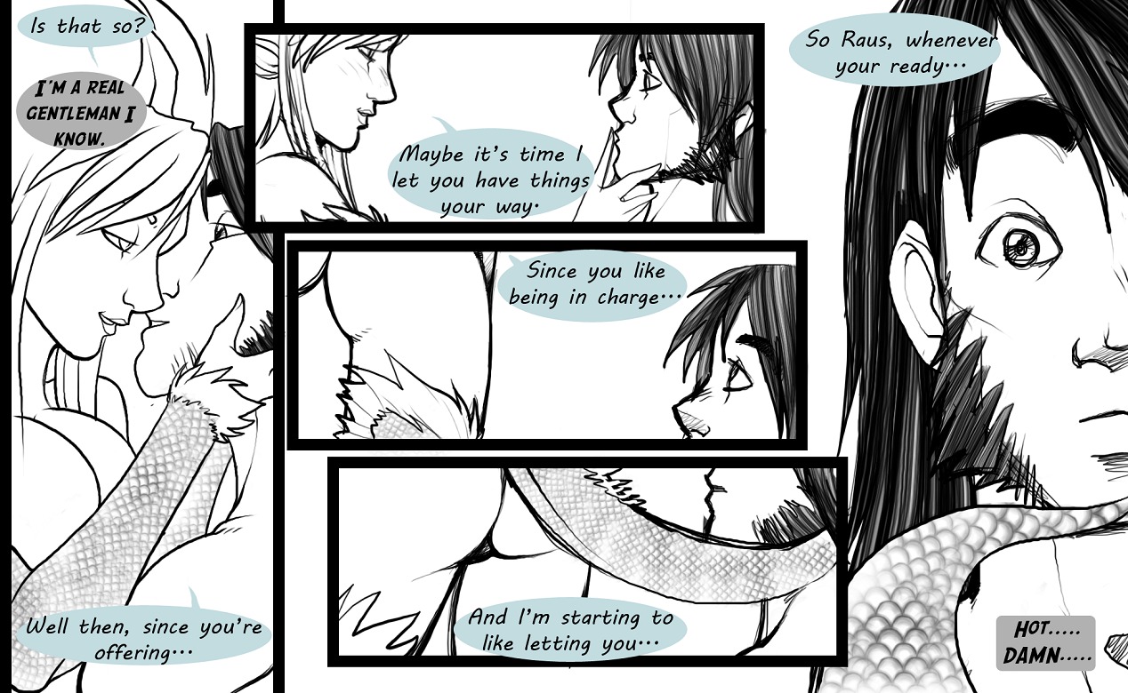 animal_humanoid breasts butt comic dialogue dragon dragon_humanoid duo e621 english_text eye_contact female human human_on_humanoid humanoid interspecies kissing looking_at_another male male/female mammal monochrome mythological_creature mythological_scalie mythology raus_(recklessarts) recklessarts rika_(recklessarts) scalie tail text