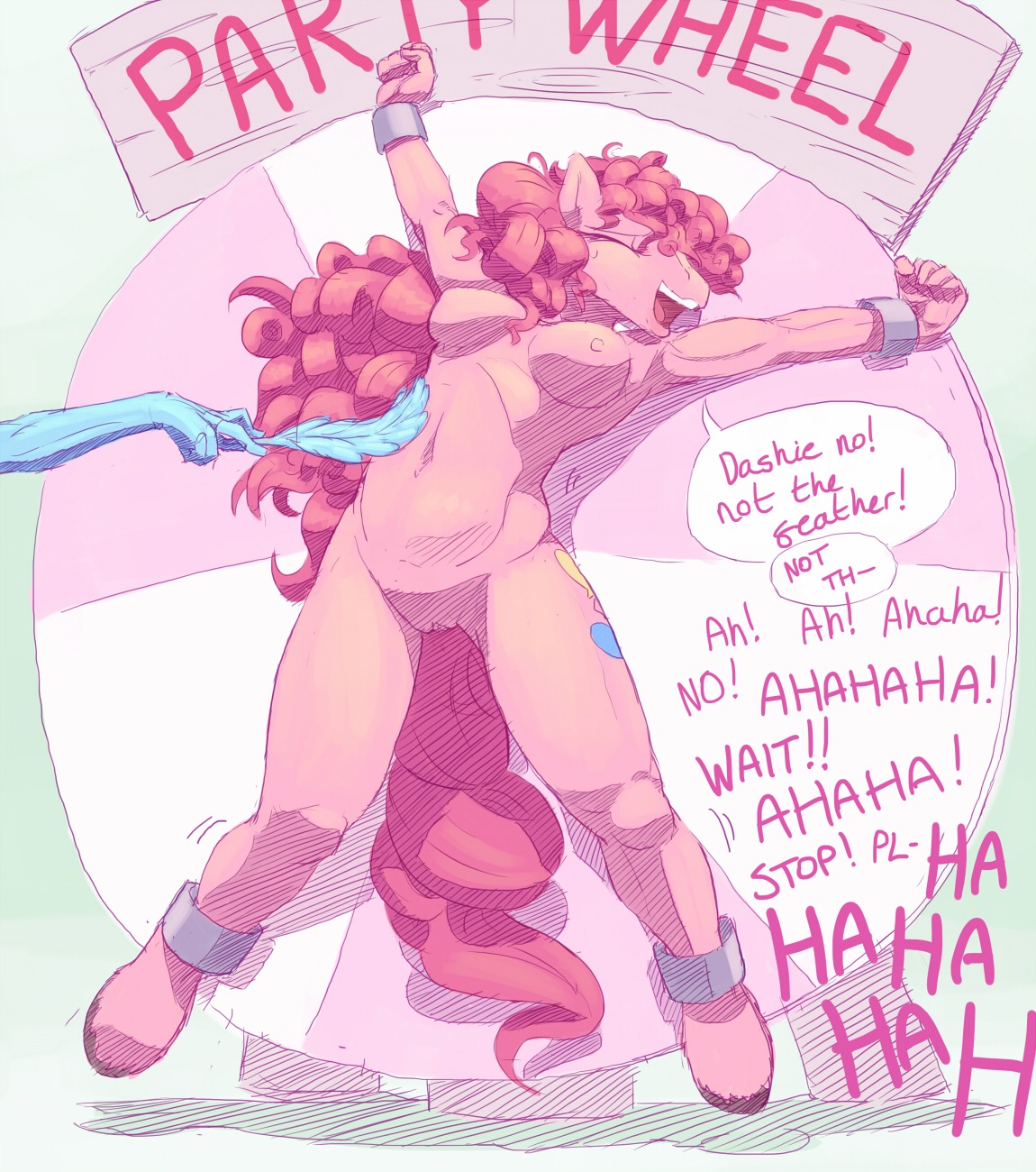 2012 anthro anthrofied blue_body blue_fur cuff_(restraint) cutie_mark dialogue disembodied_hand duo e621 earth_pony english_text equid equine feathers female friendship_is_magic fur genitals hair hasbro hi_res horse jakneurotic mammal my_little_pony nipples pink_body pink_fur pink_hair pinkie_pie_(mlp) pony restraints shackles simple_background smile tail text vulva