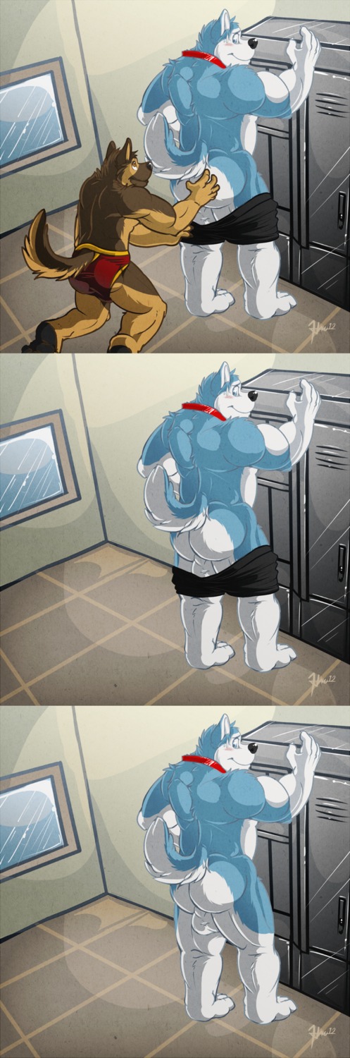 absurd_res anthro blush bottomwear bottomwear_down butt canid canine canis clothed clothing domestic_dog duo e621 exile_(road_rovers) fur german_shepherd grope herding_dog hi_res husky inside locker locker_room male male/male mammal maneater nordic_sled_dog pants pants_down partially_clothed pastoral_dog plantigrade road_rovers spitz standing tail underwear