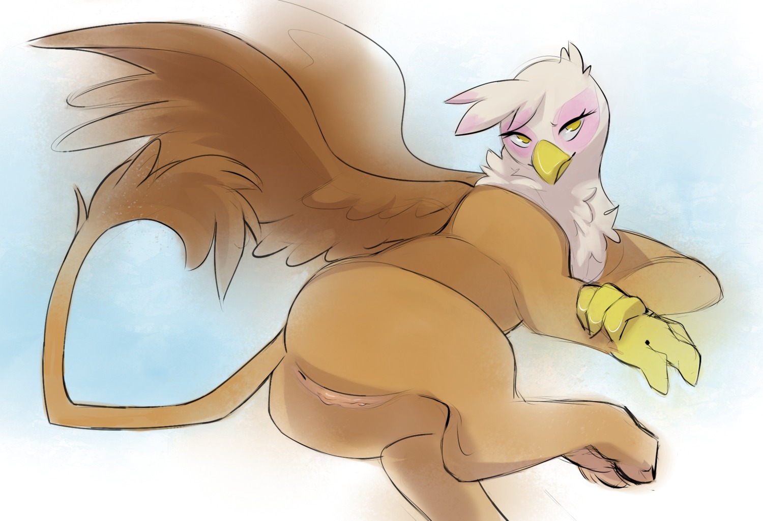 anus avian beak brown_body brown_feathers brown_fur butt e621 feathered_wings feathers female feral friendship_is_magic fur genitals gilda_(mlp) gryphon hasbro hi_res looking_at_viewer looking_back lying my_little_pony mythological_avian mythological_creature mythology nude on_side ponyparty presenting presenting_hindquarters purple_body purple_feathers simple_background smile solo tail vulva white_body white_feathers wings yellow_eyes