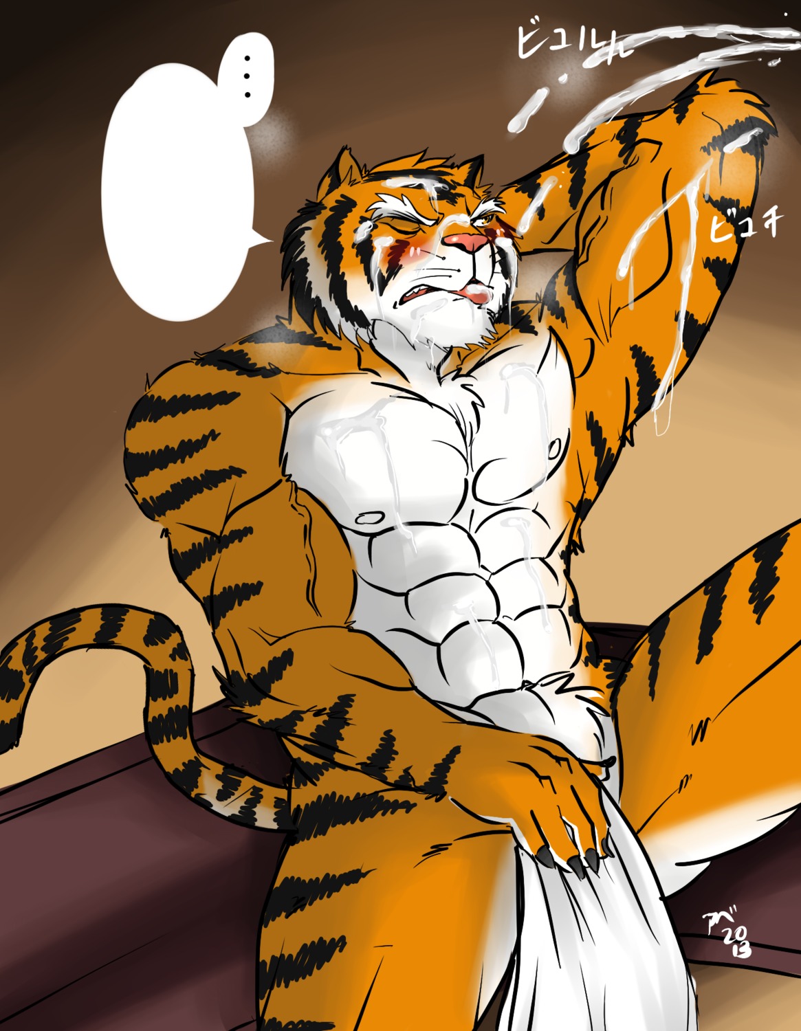 2013 abs anthro athletic balls biceps big_muscles biped black_body black_fur blush bodily_fluids bulge claws clothed clothing cum cum_on_belly cum_on_body cum_on_chest cum_on_face cum_on_self cumshot dialogue e621 ejaculation empty_speech_bubble erection eyes_closed fangs felid flexing fur genital_fluids genitals hands_behind_head hentist hi_res male mammal markings muscular muscular_anthro muscular_male nipples nude one_eye_closed open_mouth orange_body orange_fur orgasm pantherine pecs penis pink_nose pose sauna sitting solo speech_bubble stripes tail teeth tiger tongue topless toragami_gaou towel vein white_body white_fur