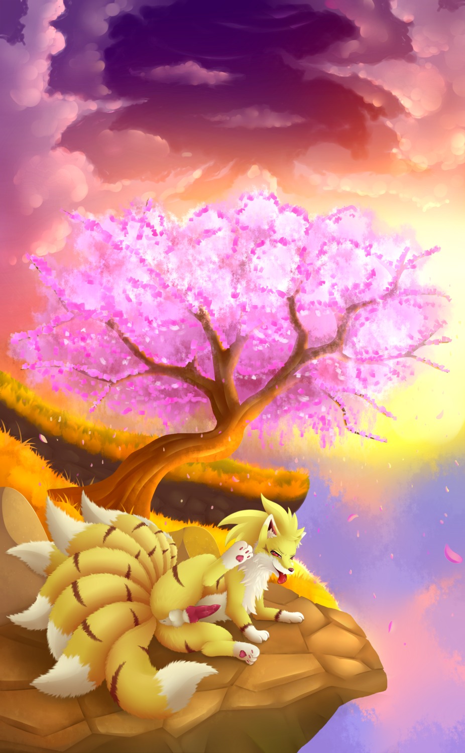 2014 absurd_res afternoon anus balls barefoot butt canid canine cherry_blossom digital_media_(artwork) digital_painting_(artwork) e621 erection fan_character feet feral flower fur generation_1_pokemon genitals happy hi_res knot looking_at_viewer lying male mammal meraence multi_tail narrowed_eyes ninetales nintendo nude on_ground open_mouth outside painting_(artwork) pawpads paws penis plant pokemon pokemon_(species) prunus_(flower) sharp_teeth smile solo squint tail teeth tongue tongue_out tree