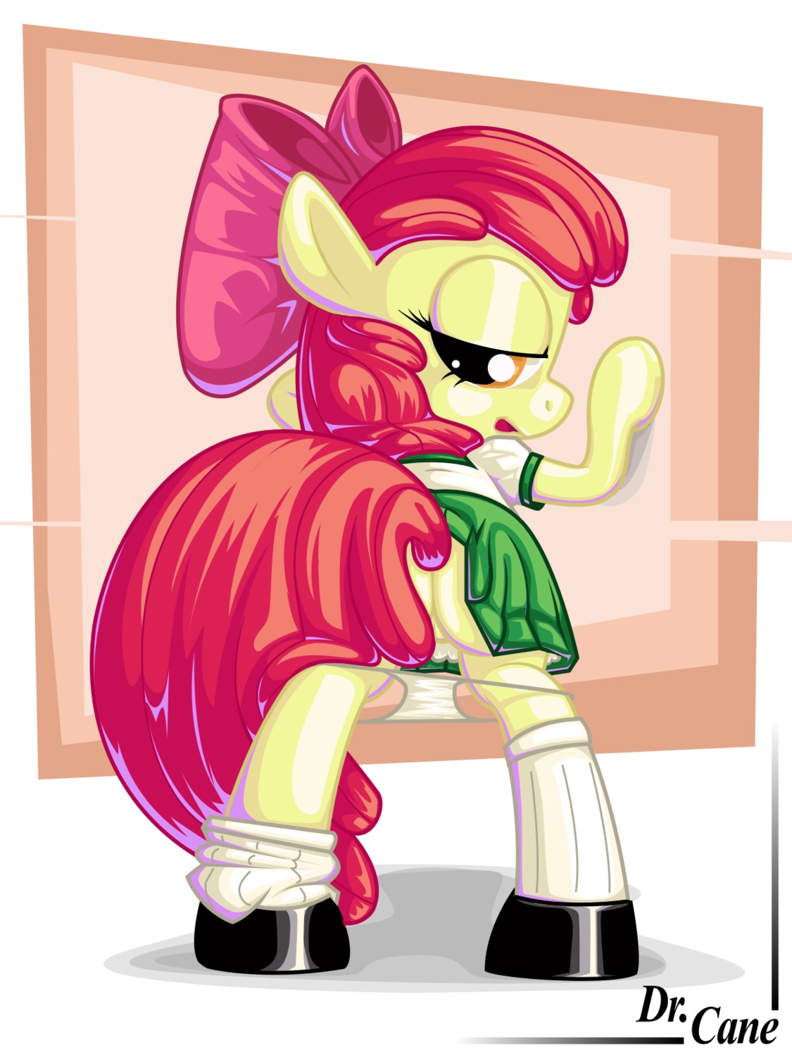 3:4 accessory amber_eyes apple_bloom_(mlp) bottomwear bow_(feature) bow_accessory bow_ribbon butt clothed clothing clothing_pull dr._erika_cane e621 earth_pony equid equine female feral footwear friendship_is_magic hair hair_accessory hair_bow hair_ribbon hasbro hi_res horse legwear looking_at_viewer looking_back mammal my_little_pony panties panty_pull pony presenting presenting_hindquarters raised_tail red_hair ribbons school_uniform skirt socks solo tail tail_under_skirt tail_upskirt underwear underwear_pull uniform upskirt young young_female young_feral