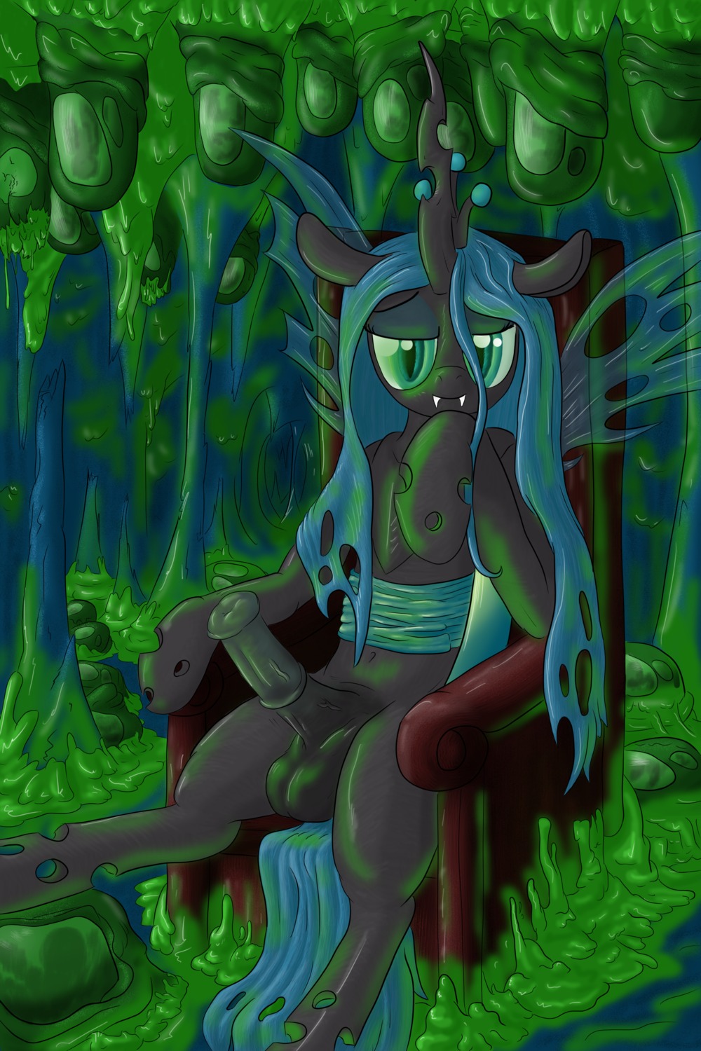 2013 2:3 absurd_res animal_genitalia animal_penis arthropod balls black_body chair changeling_(mlp) chrysalis e621 equine_genitalia equine_penis erection fangs friendship_is_magic furniture genitals green_eyes green_hair gynomorph hair hasbro hi_res horn insect_wings intersex looking_at_viewer my_little_pony penis queen_chrysalis_(mlp) sitting solo teeth throne wings xanthor