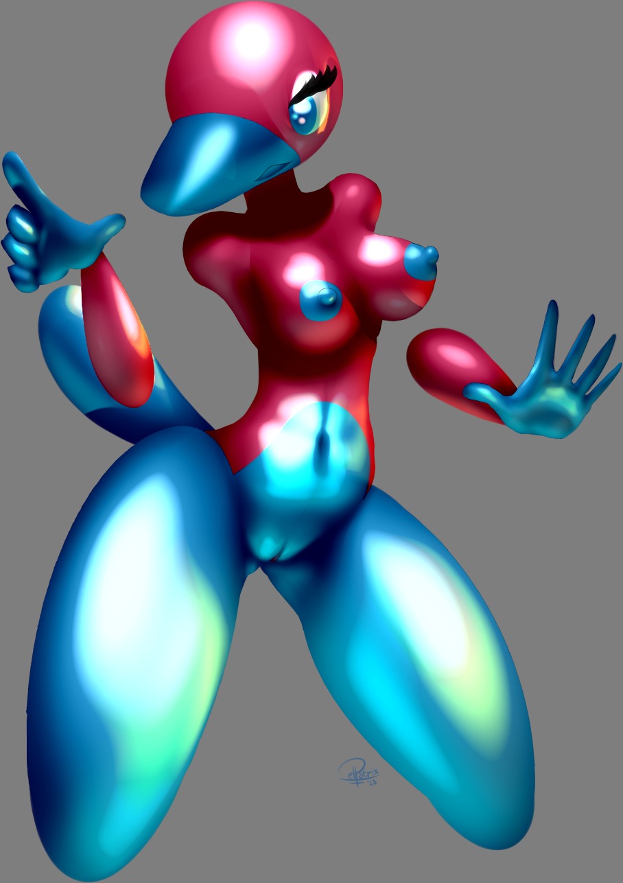 2013 alpha_channel anthro artificial_intelligence beak biped breasts cbeltba_(elpatrixf) digital_creature digital_media_(artwork) e621 elpatrixf female generation_2_pokemon genitals hi_res machine nintendo nipples nude pokemon pokemon_(species) pokemorph porygon2 raised_tail robot simple_background solo standing tail transparent_background vulva wide_hips