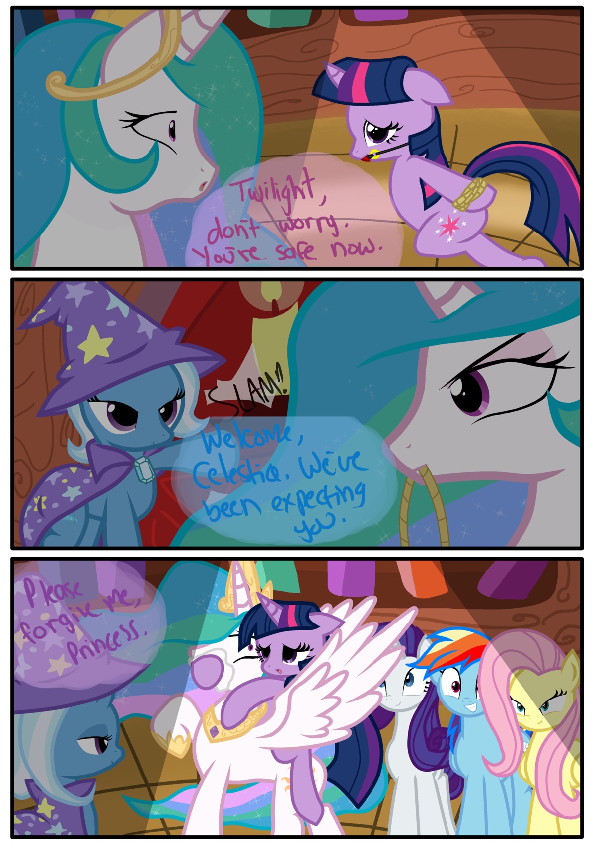 absurd_res ball_gag blue_body blue_eyes blue_feathers blue_fur chloroform comic crown cutie_mark dialogue door e621 english_text equid equine feathered_wings feathers female feral fluttershy_(mlp) friendship_is_magic fur gag gagged group hair hasbro headgear hi_res horn long_hair mammal multicolored_hair my_little_pony mythological_creature mythological_equine mythology pegasus princess princess_celestia_(mlp) purple_body purple_eyes purple_fur purple_hair pyruvate quadruped rainbow_dash_(mlp) rainbow_hair rarity_(mlp) rope royalty tail text trixie_(mlp) twilight_sparkle_(mlp) two_tone_hair unicorn winged_unicorn wings