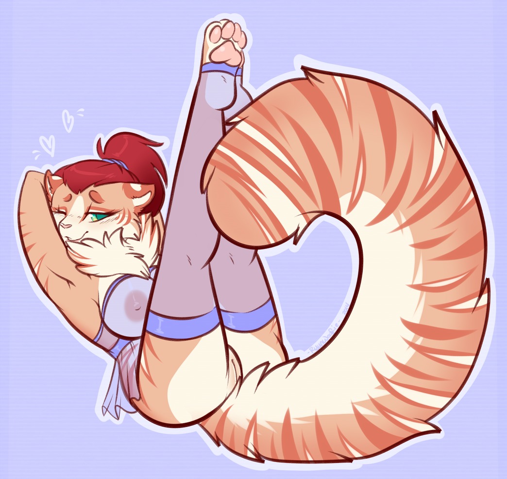 anthro breasts clothed clothing domestic_cat e621 felid feline felis female genitals legs_up looking_at_viewer mammal one_eye_closed pinup pose ryunwoofie skimpy solo tail translucent translucent_clothing vulva