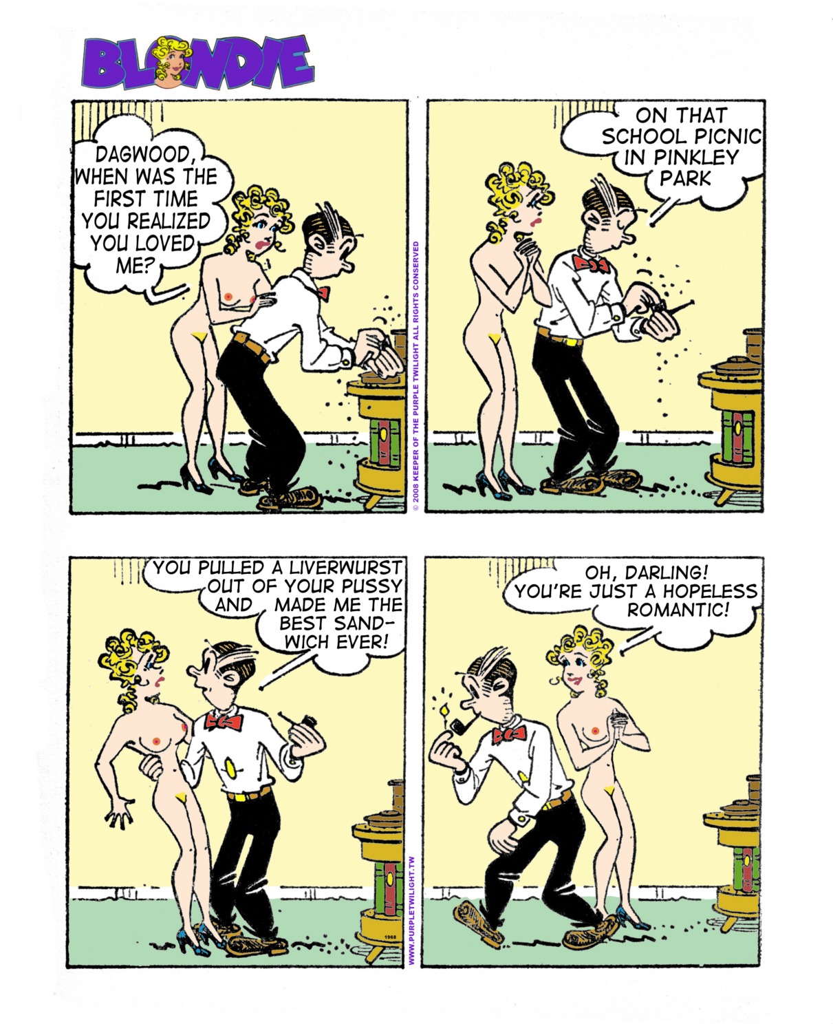 1boy 1girls black_high_heels blondie_(comic) blondie_bumstead breasts casual clothed_male clothed_male_nude_female clothing comic_strip dagwood_bumstead edit female female_pubic_hair high_heels human male mostly_nude navel nipples nude nude_female nudist pale_skin pants pipe rule34 shirt short_hair smoking tagme