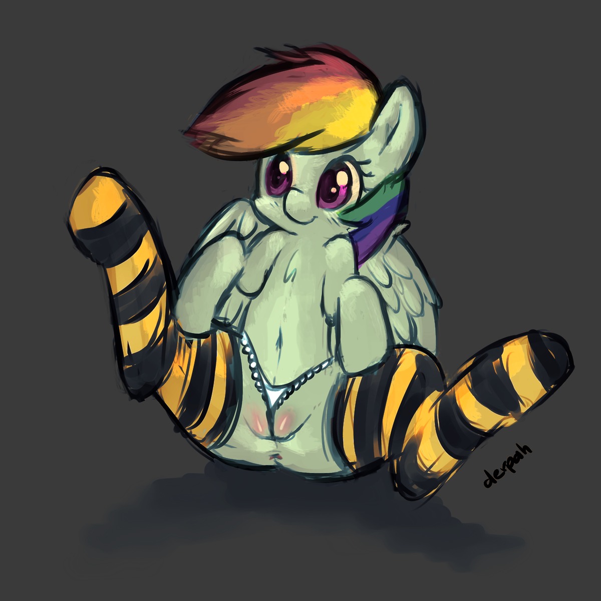 1:1 2014 blue_body blue_feathers blue_fur chibi clothing digital_media_(artwork) e621 equid equine feathered_wings feathers female feral friendship_is_magic fur genitals grey_background hair hasbro hi_res kheltari legwear mammal marblesoda multicolored_hair my_little_pony mythological_creature mythological_equine mythology pattern_clothing pattern_legwear pegasus purple_eyes rainbow_dash_(mlp) rainbow_hair simple_background solo spread_legs spreading striped_clothing striped_legwear stripes thigh_highs vulva wings
