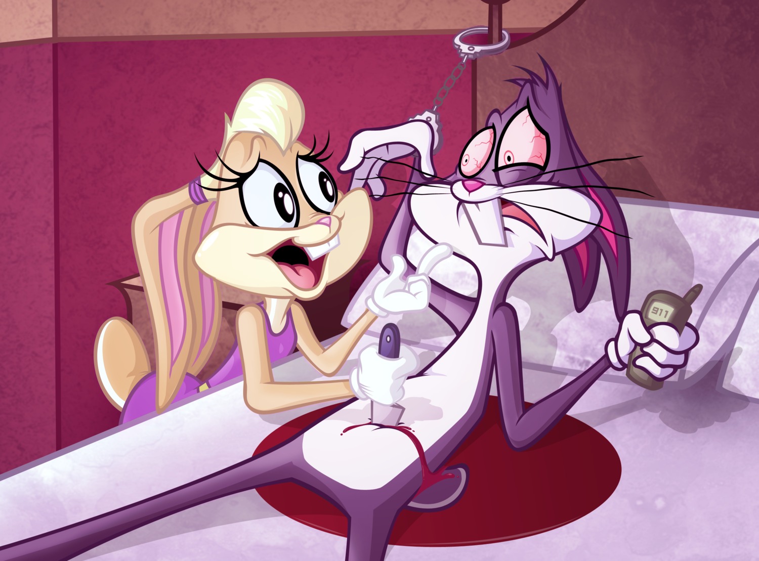 2012 anthro bar_phone bed blood bloodshot_eyes bodily_fluids bugs_bunny canon_couple cartoon_network cellphone clothing cuff_(restraint) duo dying e621 electronics female furniture gloves gore handcuffs handwear hi_res horrified killing knife lagomorph leporid lola_bunny looney_tunes male male/female mammal metal_cuffs misleading_thumbnail misterdavey pain phone pillow rabbit restraints scared shackles shocked smile the_looney_tunes_show torture violence warner_brothers yandere