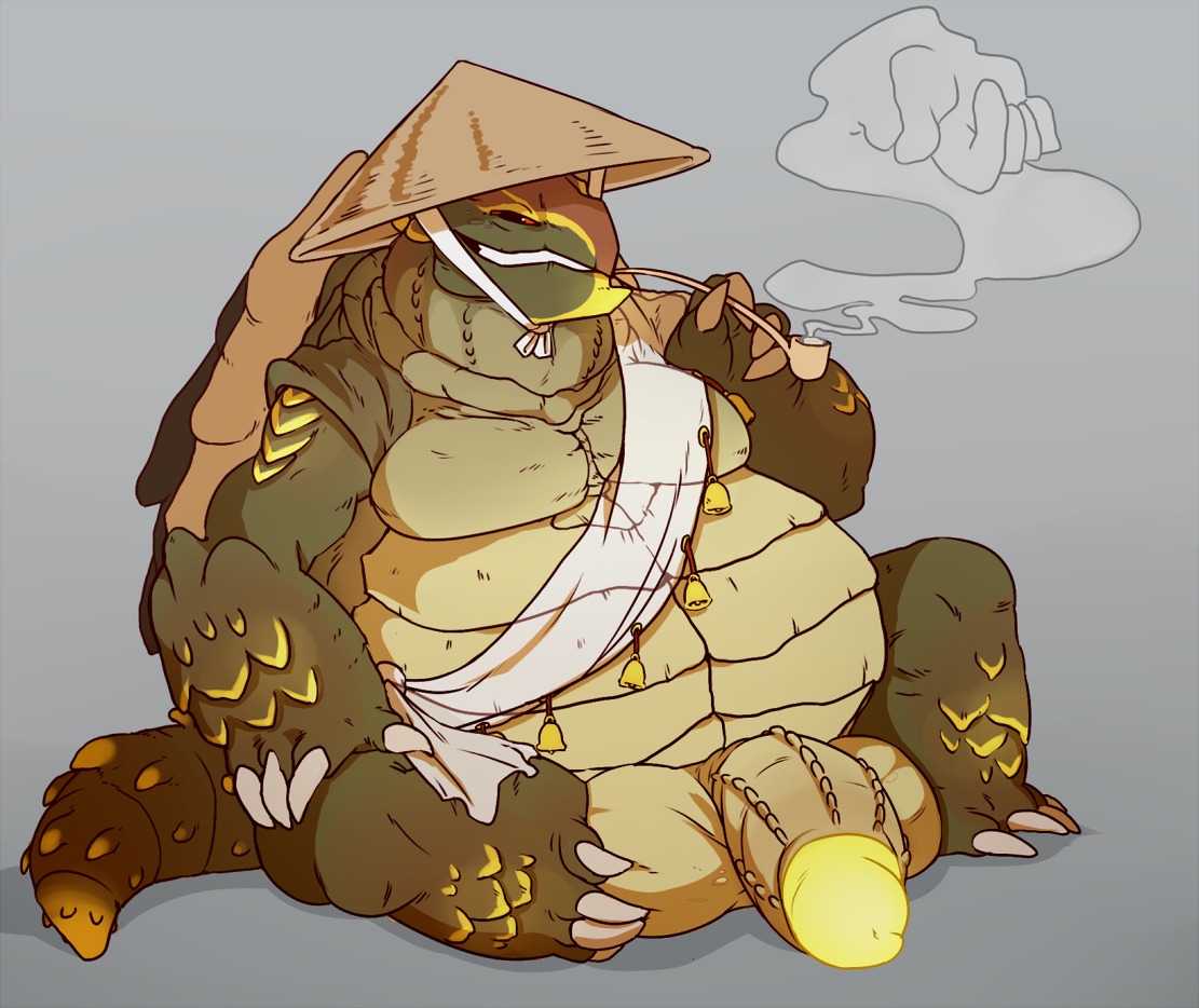 anthro balls balls_on_ground balls_rest big_balls big_penis biped clothing e621 erection feet foot_on_balls foot_on_own_balls genitals hat headgear headwear huge_balls male mostly_nude overweight overweight_anthro overweight_male paperclip_(artist) penis pipe reptile scalie sitting slightly_chubby smoke smoking smoking_pipe solo tarou_(darkmor) thick_penis turtle
