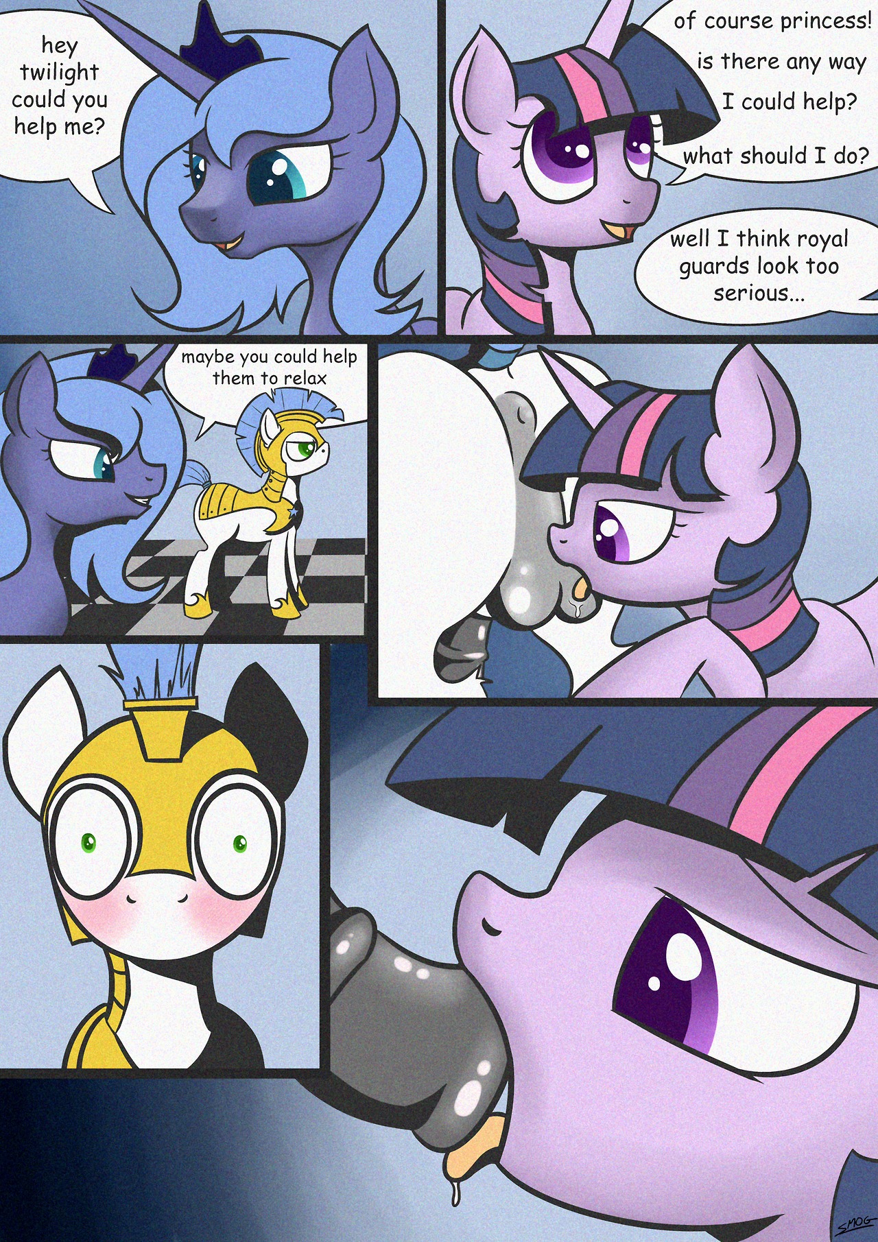 2013 animal_genitalia animal_penis armor ball_lick balls blush comic e621 english_text equid equine equine_genitalia equine_penis erection fellatio female feral friendship_is_magic fur genitals group hair hasbro hi_res horn licking male male/female mammal multicolored_hair my_little_pony mythological_creature mythological_equine mythology oral penile penis penis_lick princess_luna_(mlp) purple_body purple_eyes purple_fur purple_hair royal_guard_(mlp) sex smogyday tail text tongue tongue_out twilight_sparkle_(mlp) two_tone_hair unicorn