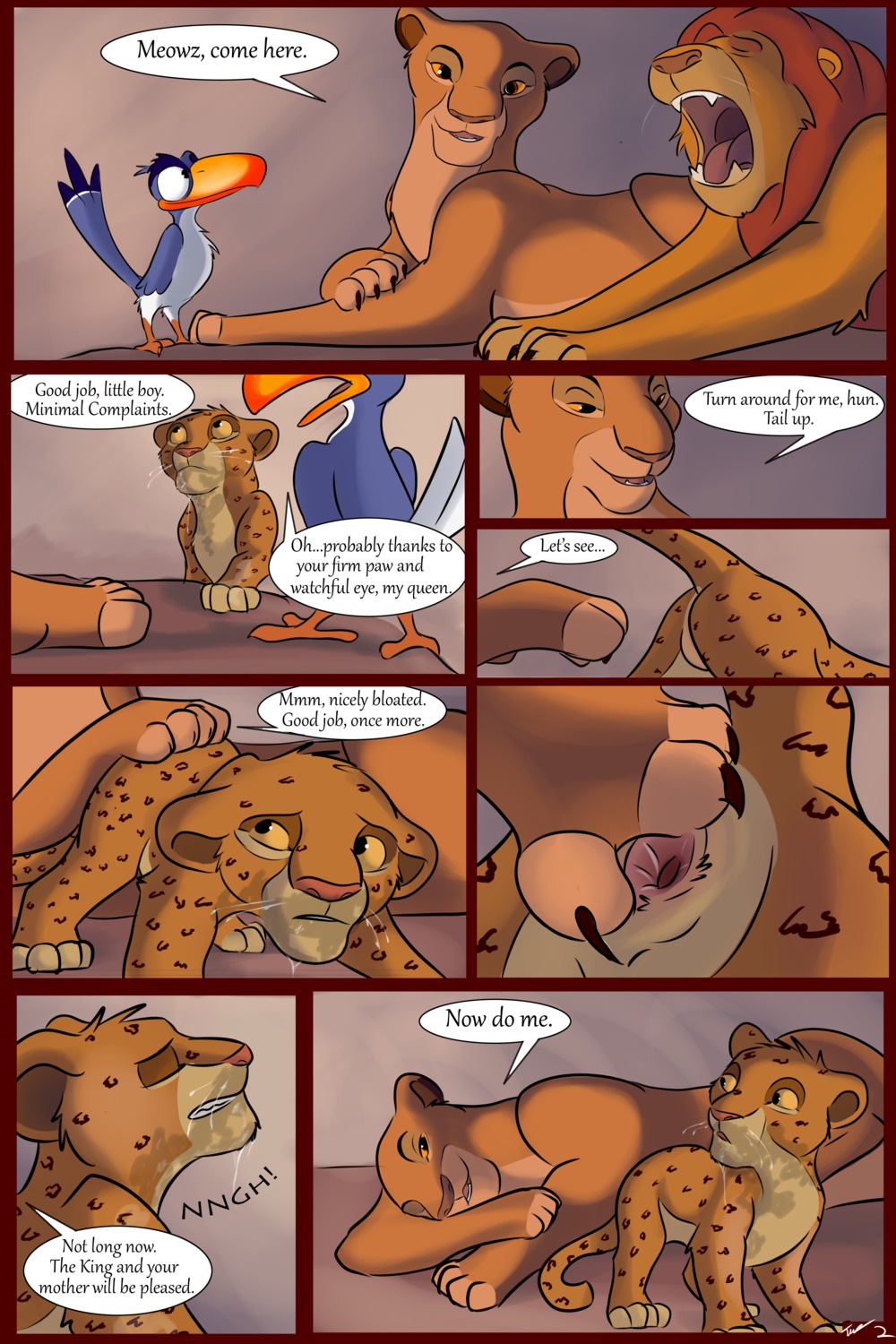 2:3 absurd_res age_difference anus avian bad_parenting bird bodily_fluids bucerotiform comic digital_media_(artwork) disney dominant dominant_female e621 english_text felid female female_feral feral group hi_res hornbill lion male male_feral mammal meowz open_mouth pantherine presenting raised_tail red-billed_hornbill saliva sarabi_(the_lion_king) spread_anus spread_legs spreading submissive tail text the_lion_king tuke yawn young young_feral younger_male zazu_(the_lion_king)