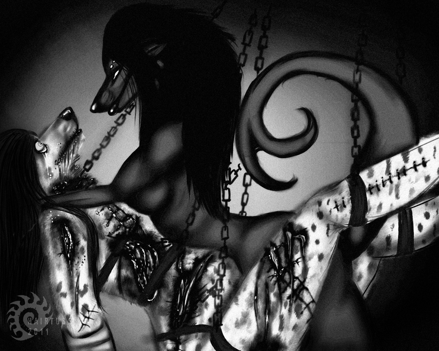 2011 5:4 anthro bdsm blood blush bodily_fluids bondage bound breasts canid canine crying digital_media_(artwork) duo e621 female gore greyscale hairtuss hi_res mammal monochrome nightmare_fuel nude penetration phobia side_view simple_background snuff tail tears torture vaginal vaginal_penetration wounded