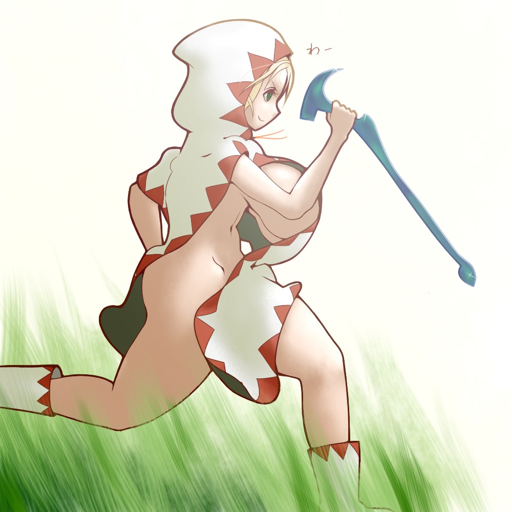 blonde_hair boots breasts female final_fantasy green_eyes hood huge_breasts maho_(pixiv234265) midriff robe rule34 running sideboob solo staff underboob white_mage