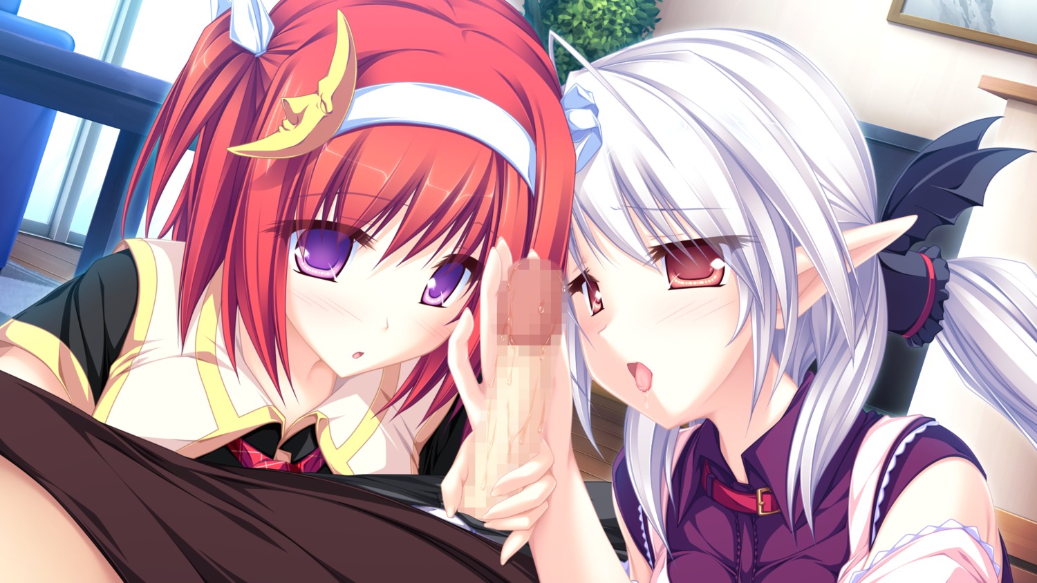 censored elf female game_cg grey_hair maikaze_no_melt male penis purple_eyes red_eyes red_hair rule34 suzu_(suzukaze_no_melt) tenmaso tsubaki_nazuna whirlpool