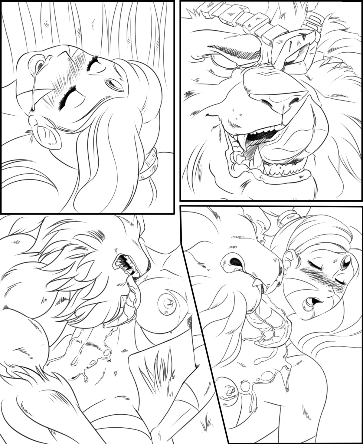 athletic biceps big_muscles black_and_white bodily_fluids breast_lick breast_play breasts comic drooling duo e621 eye_patch eyewear felid female fur grillo hair hi_res human interspecies league_of_legends licking lion love male male/female mammal mane monochrome muscular nidalee_(lol) nipples nude pantherine rengar_(lol) riot_games saliva tencent tongue tongue_out