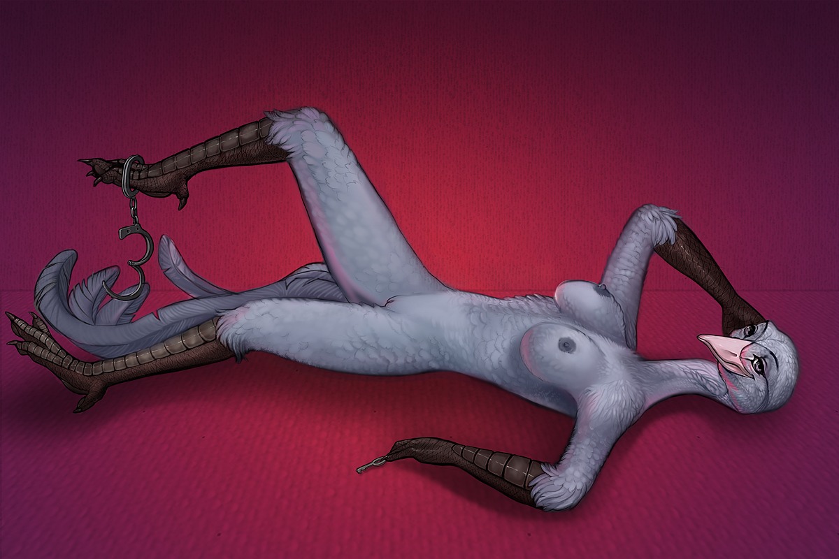 3:2 anthro avian biped bird blue_crane breasts cellina_(slither) crane_(bird) cuff_(restraint) e621 female genitals gruiform grus_(genus) handcuffs lying metal_cuffs nipples non-mammal_breasts non-mammal_nipples nude pinup pose restraints shackles simple_background solo theowlette vulva