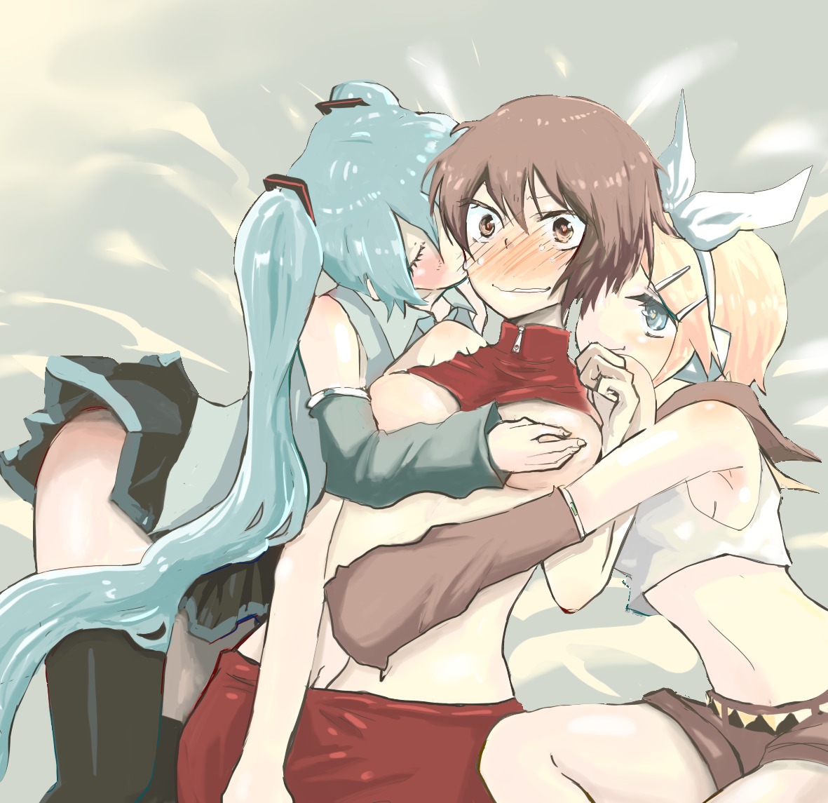 3girls aqua_eyes aqua_hair blonde_hair blue_eyes blush breast_grab breasts brown_eyes brown_hair closed_eyes color crop_top detached_sleeves female female_only green_hair group hair_ornament hair_ribbon hairbow hairclip hatsune_miku headphones headset hug kagamine_rin kiss kissing long_hair medium_breasts meiko meiko_(vocaloid) midriff multiple_females multiple_girls namo_do ribbon rule34 sandwiched short_hair skirt smile sweat thighhighs tied_hair twintails very_long_hair vocaloid yuri zettai_ryouiki