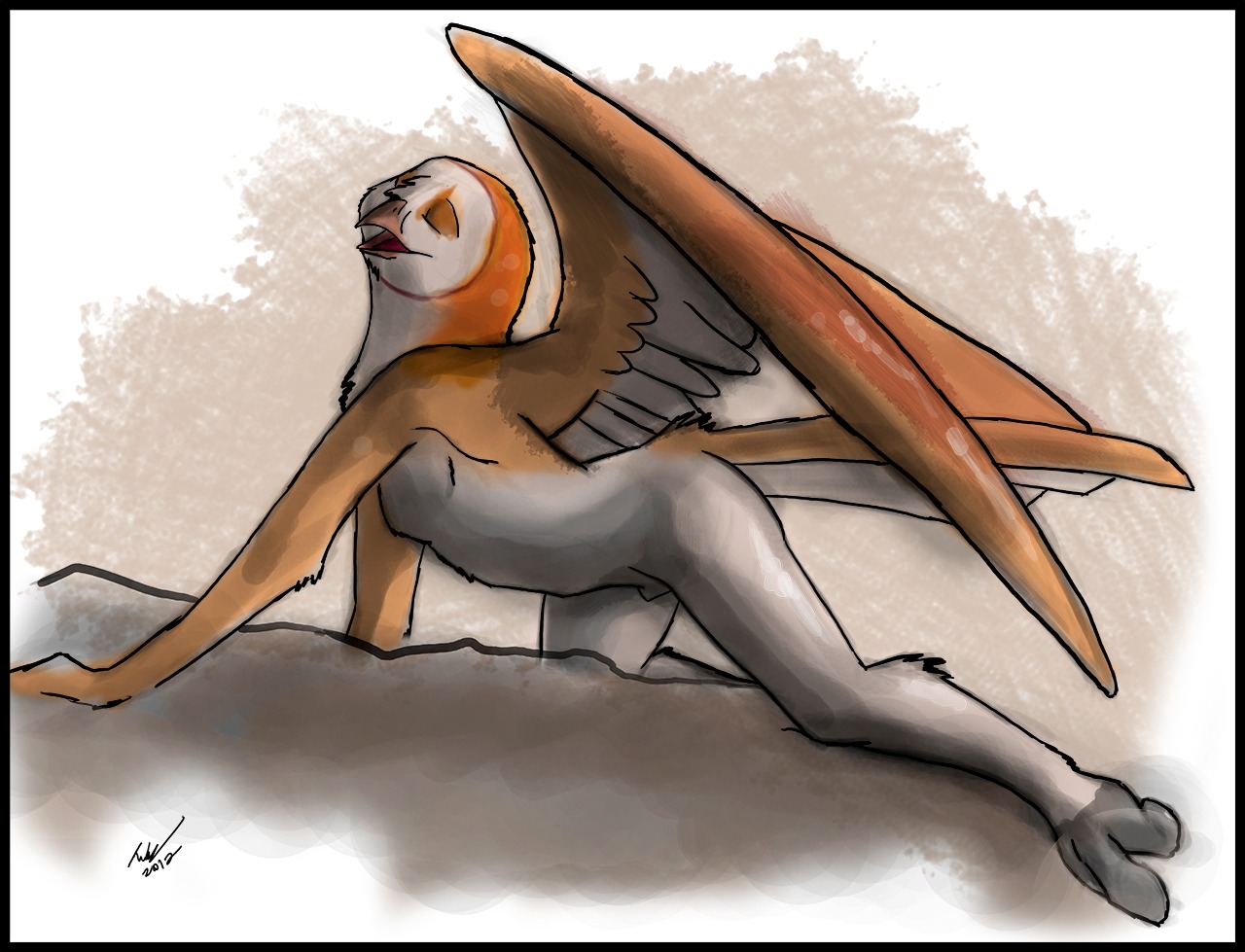 2012 animal_genitalia anthro avian barn_owl beak bird digital_media_(artwork) e621 feathered_wings feathers fully_sheathed genitals male owl rock sheath solo stretching tail tail_feathers tuke tyto tytonid wings