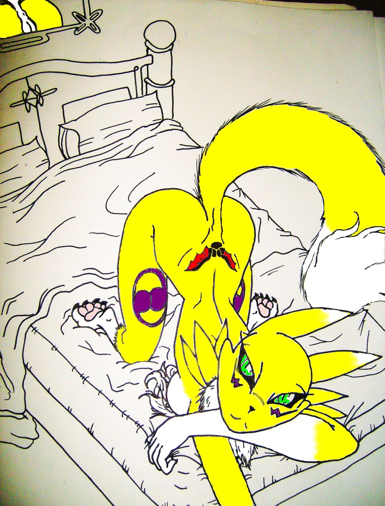 anthro bed canine color digimon digimon_(species) female female_only fox fur furry indoors nude renamon rule34 solo tagme