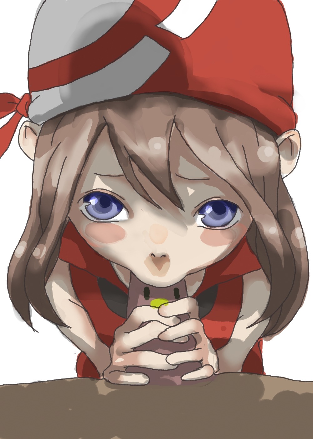 1boy 1girls fellatio female human human_only looking_at_viewer male male_pov may_(pokemon) nintendo oral oral_sex penis pokemon pov red_bandana rule34 straight straight_hair tagme