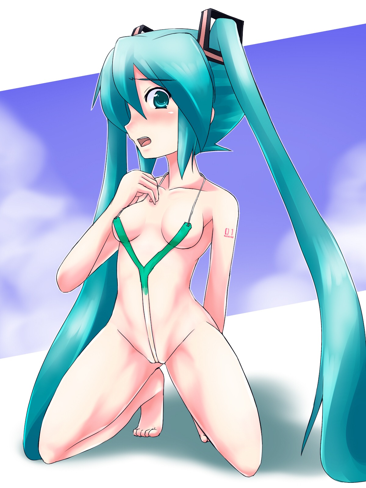 1girl aqua_eyes aqua_hair barefoot blush breasts female hatsune_miku kneeling long_hair open_mouth rule34 slingshot_swimsuit solo swimsuit tagme twintails very_long_hair vocaloid