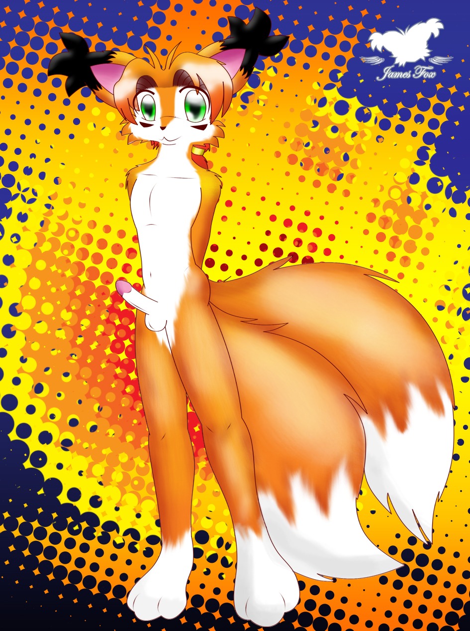 anthro balls biped canid canine digital_media_(artwork) e621 erection fox fur genitals green_eyes hi_res james_fox jamesfoxbr looking_at_viewer male mammal multi_tail nude orange_body orange_fur penis scarf shaded solo standing tail