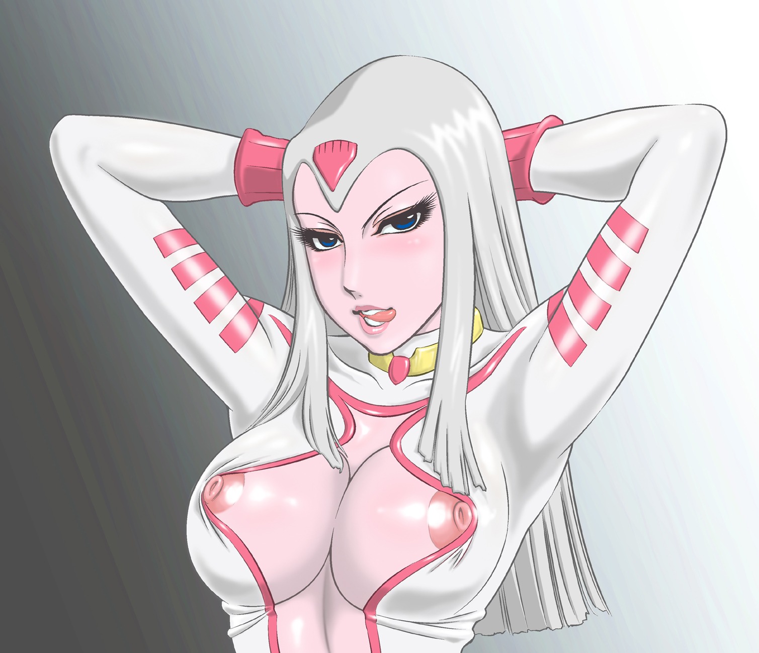 1girls 2008 background big_breasts biting_tongue blush blushing bodysuit boob_window breasts bust_portrait catsuit clothed collar color curvaceous digital_drawing_(artwork) digital_media_(artwork) female forehead_gem forehead_jewel gradient_background hands_behind_head humanoid jumpsuit kikumizu_shouichi large_breasts licking_lips light-skinned_female light_skin long_hair looking_at_viewer mostly_clothed nipples pale-skinned_female pale_skin pink_and_white pink_clothing pink_nipples purple_eyes rule34 sabera shiny_breasts shiny_clothes shiny_skin simple skimpy skimpy_clothes skimpy_outfit solo solo_female space_battleship_yamato space_battleship_yamato_2199 straight_hair straining_clothing thin_eyebrows villainess white_clothing white_hair