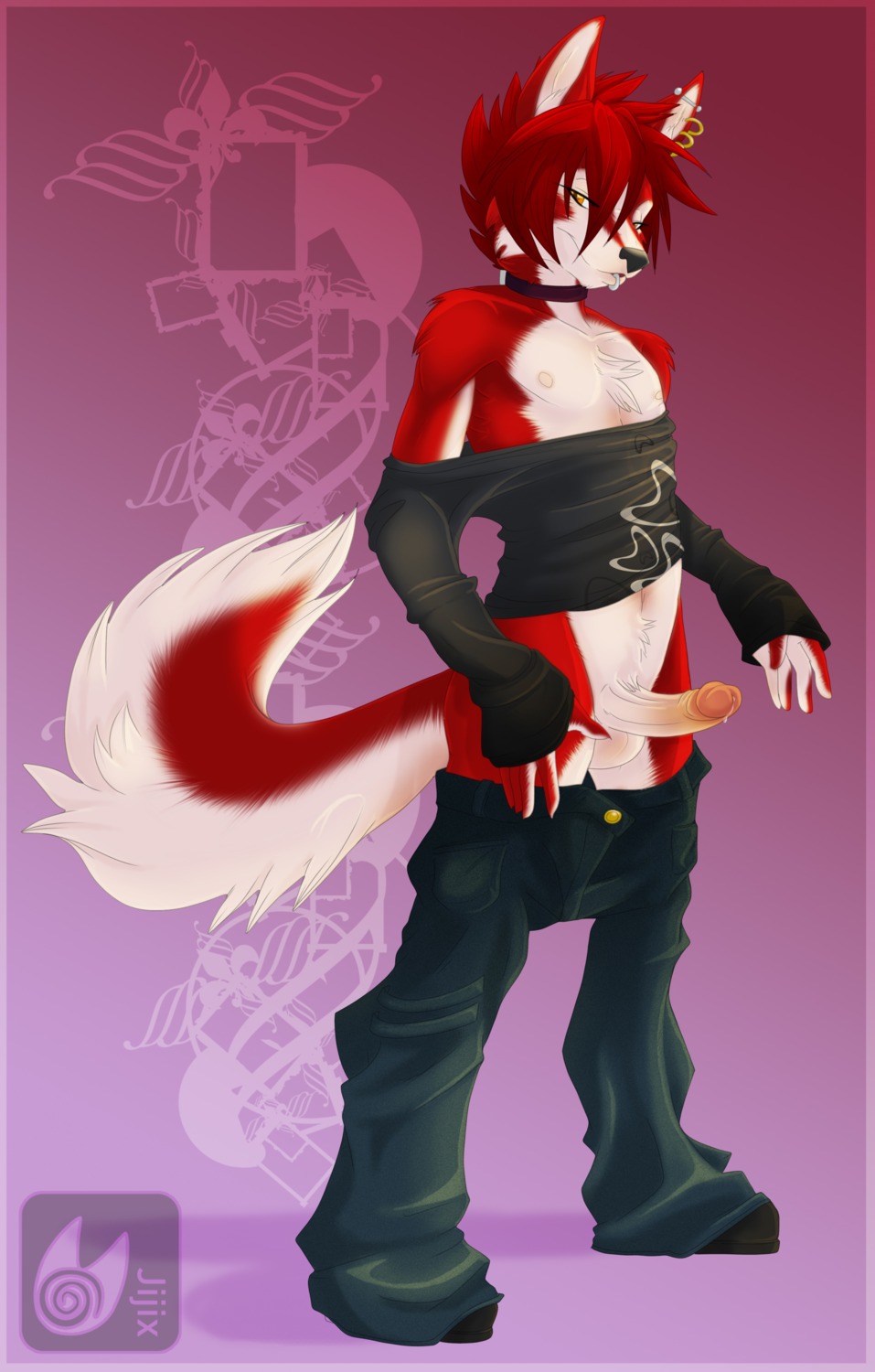 2010 absurd_res alternative_fashion amber_eyes anthro balls biped black_nose bodily_fluids bottomwear canid canine canis claws clothed clothing cum denim denim_bottomwear denim_clothing digital_media_(artwork) domestic_dog e621 ear_piercing erection facial_piercing femboy fluffy fluffy_tail fur genital_fluids genitals hair hi_res humanoid_genitalia humanoid_penis husky industrial_piercing jeans lip_piercing lip_ring looking_at_viewer male mammal nipples nordic_sled_dog pants partially_clothed penis piercing precum ransom_(sangie_nativus) red_body red_fur red_hair ring_piercing shirt short_hair smile solo spitz standing tail topwear undressing vagabond_(artist) white_body white_fur y2k_(graphic_design)