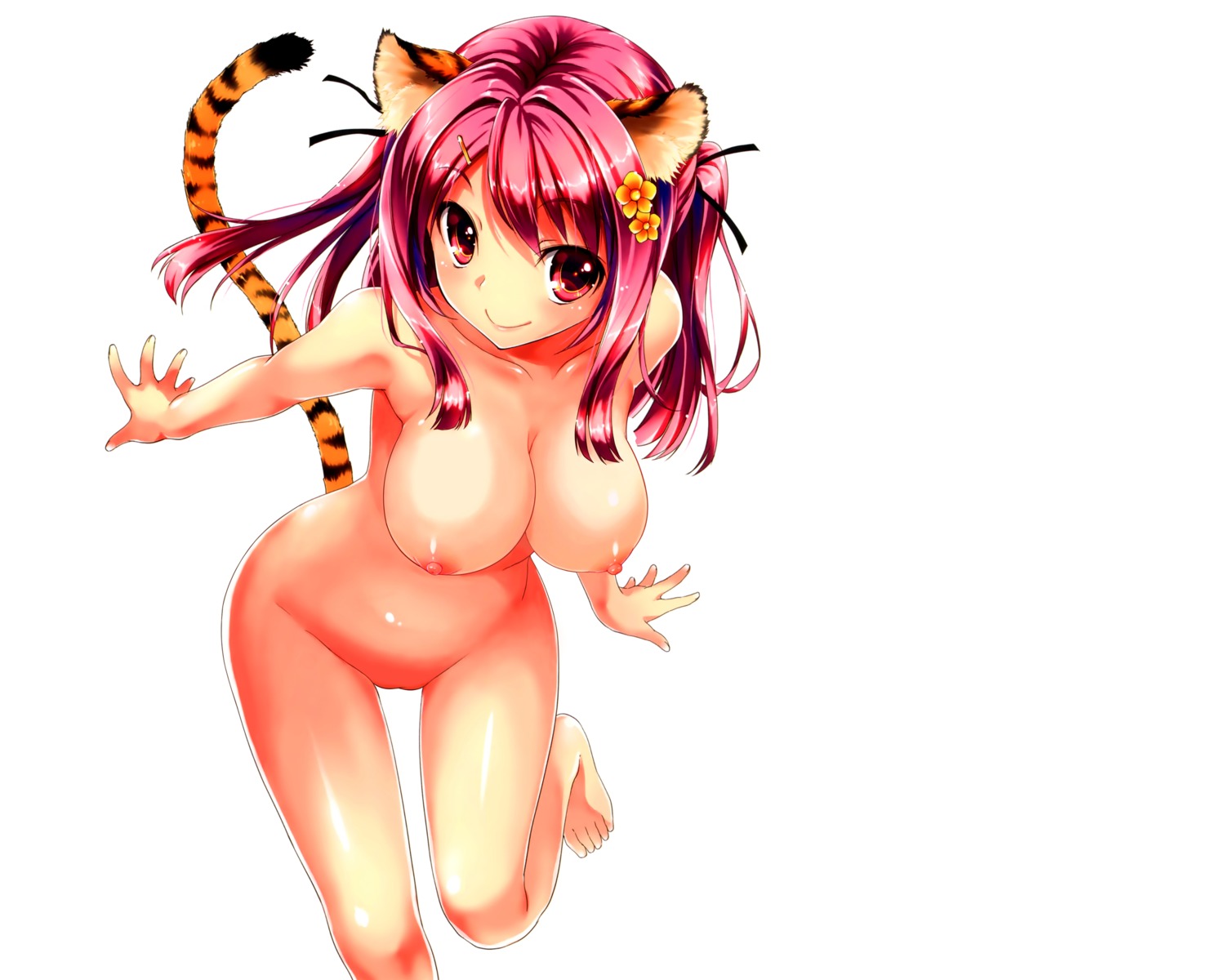 5:4 absurd_res accessory animal_humanoid big_breasts breasts casual_nudity cat_humanoid digital_media_(artwork) e621 felid felid_humanoid feline feline_humanoid female genitals hair hair_accessory hair_ribbon hanging_breasts hi_res humanoid kikurage mammal mammal_humanoid nipples nude purple_hair red_eyes ribbons shaded simple_background solo tail vulva