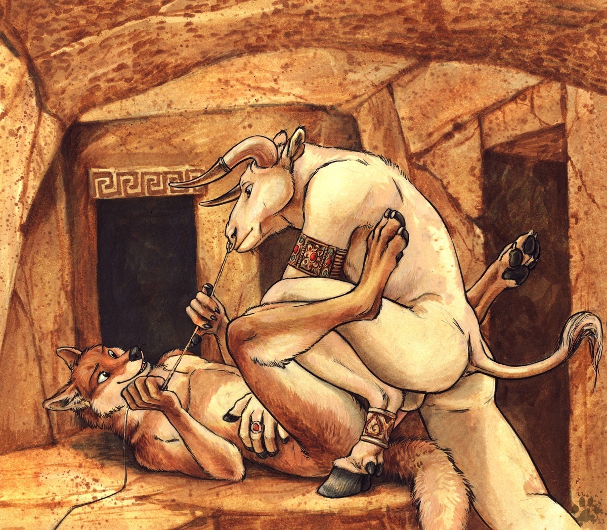 2011 4_toes anal anal_penetration animal_genitalia anthro backsack balls blotch bovid bovine butt canid canine claws cloven_hooves dewclaw_hooves digitigrade duo e621 erection european_mythology facial_piercing feet fox genitals greek_mythology hindpaw hooves horn legs_up lying male male/male male_penetrated male_penetrating male_penetrating_male mammal minotaur mythology nose_piercing nose_ring nude on_back pawpads paws penetration penis piercing ring_piercing scratches_volume_5 septum_piercing sex soles tail tail_tuft toes traditional_media_(artwork) tuft unguligrade