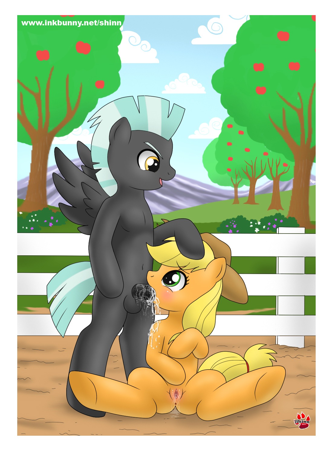 2013 anus applejack_(mlp) balls black_body black_feathers black_fur black_penis blonde_hair blush bodily_fluids border clothing cloud cowboy_hat cum cum_in_mouth cum_inside duo e621 earth_pony equid equine erection eye_contact feathered_wings feathers fellatio female female_penetrated fence feral friendship_is_magic fur genital_fluids genitals green_eyes hair hasbro hat headgear headwear hi_res horse looking_at_another male male/female male_penetrating male_penetrating_female mammal messy multicolored_hair my_little_pony mythological_creature mythological_equine mythology navel open_mouth oral oral_penetration orange_body orange_fur outside pegasus penetration penile penis plant pony sex shinn sitting sky spread_legs spreading standing thunderlane_(mlp) tree two_tone_hair vaginal_fluids vulva white_border wings
