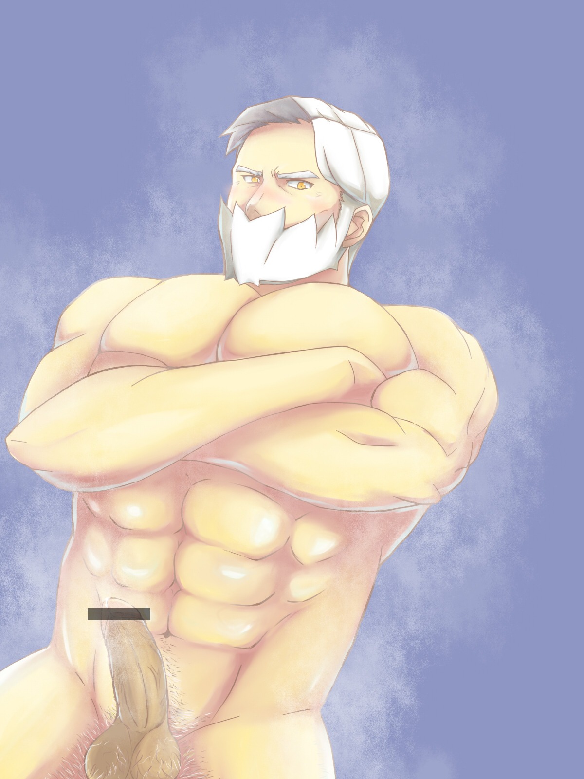 1boy bara beard big_pecs censor_bar censored crossed_arms dilf drayden folded_arms grandfather hairy_balls male male_only mature_male muscles muscular muscular_male musk_clouds old_male older_male pokemon pokemon_bw rule34 solid_color_background solo_male tagme