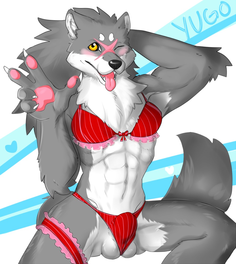 2013 abs accessory amadeusvirus amber_eyes anthro ball_camel_toe balls biceps bloody_roar blush bra bulge canid canine canis character_name chest_tuft claws clothed clothing crossdressing e621 femboy flexing fur garter genitals gesture hand_gesture konami leg_garter lingerie looking_at_viewer male mammal muscular muscular_anthro muscular_femboy muscular_male one_eye_closed panties pattern_clothing pattern_underwear paws red_clothing red_underwear scar simple_background solo striped_clothing striped_underwear stripes text tongue tongue_out tuft underwear v_sign wink wolf yugo_ogami